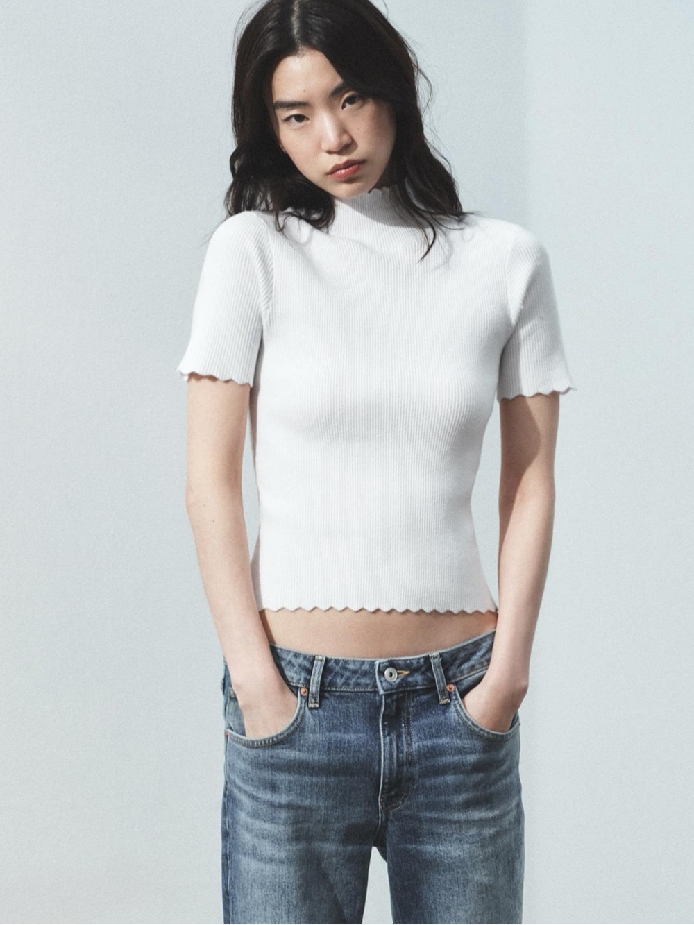 Zara Cream Ribbed Mock Neck Short Sleeve Sweater